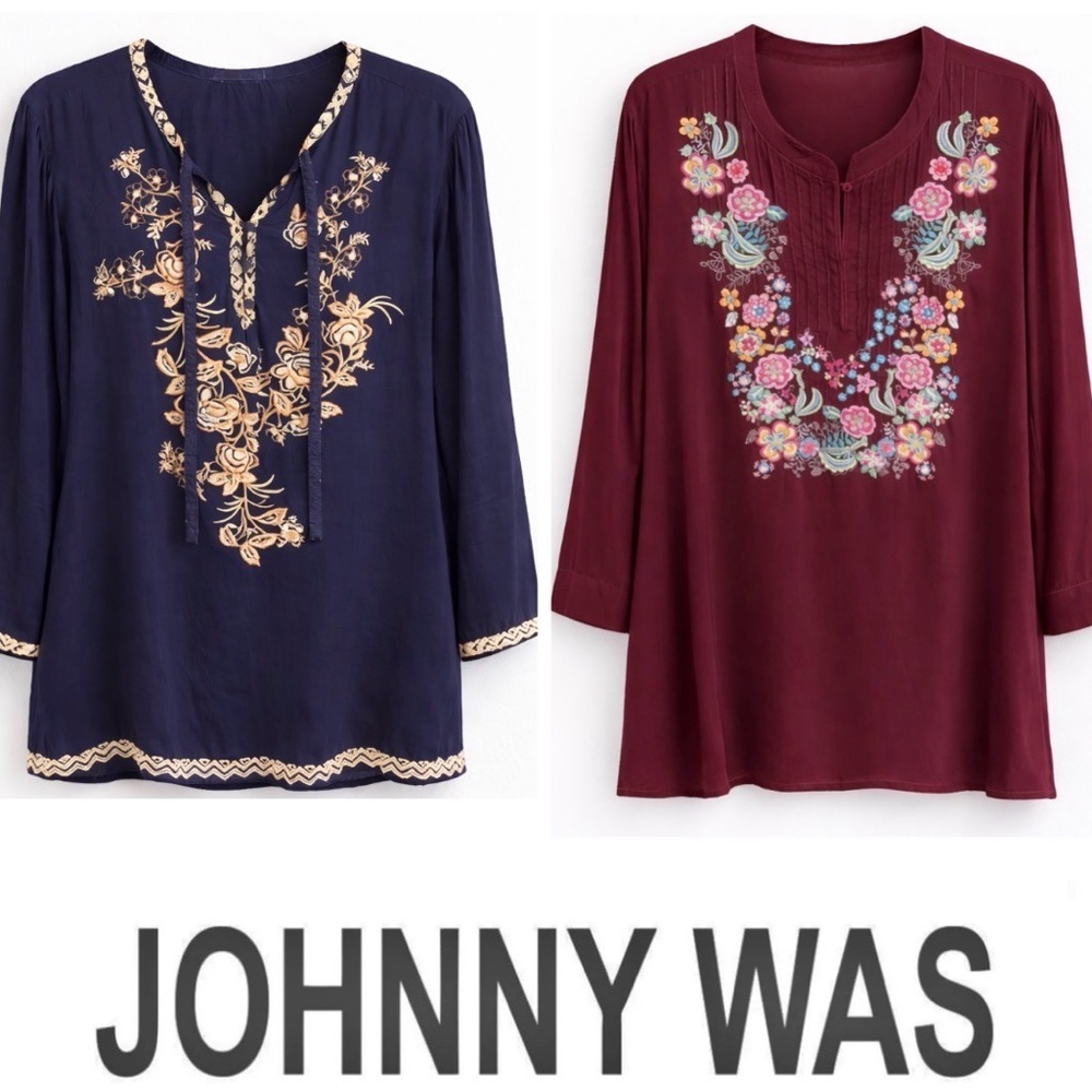 Johnny Was - 2 tops Navy and Burgundy Embroidered V-Neck Tunics- 2 Tunics size L
